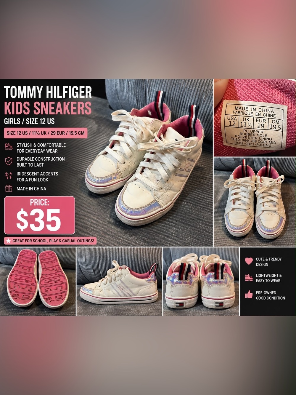 Tommy Hilfiger White Sneakers with Pink & Iridescent Accents